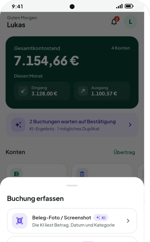 Menü zum Erfassen: Beleg fotografieren, Text/SMS einfügen, manuelle Eingabe, Kontoauszug importieren