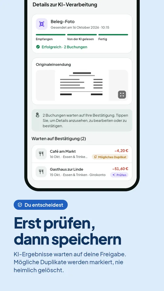 KI-Ergebnis bestätigen, bevor die Buchung gespeichert wird