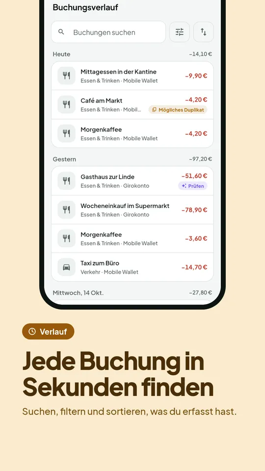 Buchungsverlauf mit Suche und Filtern