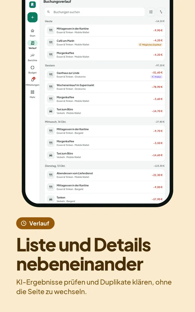 Liste und Details nebeneinander. KI-Ergebnisse prüfen und Duplikate klären, ohne die Seite zu wechseln.