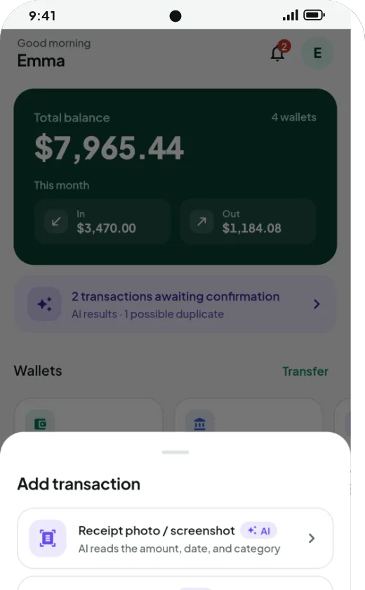 Add transaction menu: photograph a receipt, paste text/SMS, manual entry, import statements