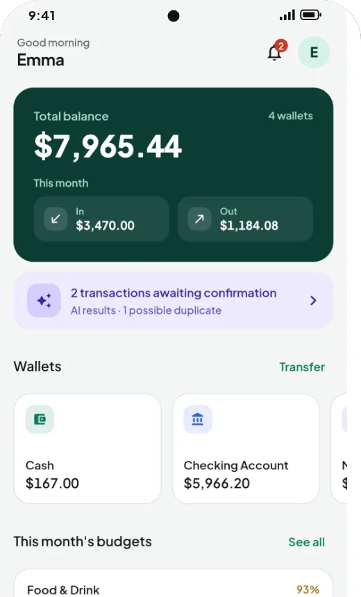 JotIt home screen: total balance, this month's cash flow and transactions waiting for review