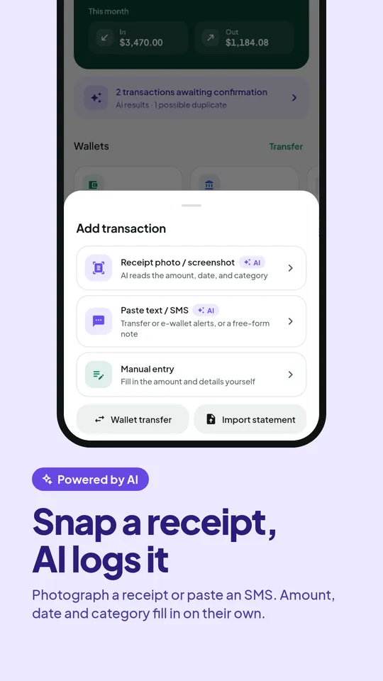 Add a transaction: photograph a receipt, paste text/SMS or enter manually