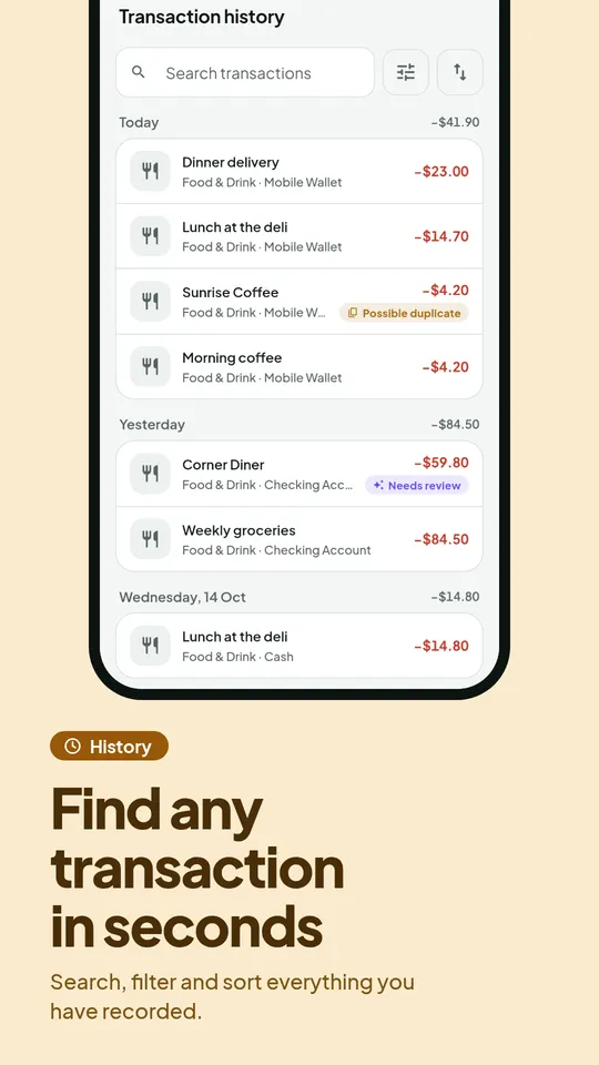 Transaction history with search and filters