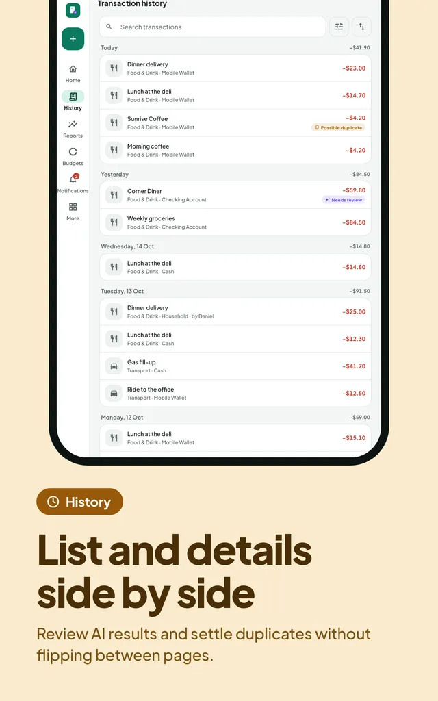 List and details side by side. Review AI results and settle duplicates without flipping between pages.