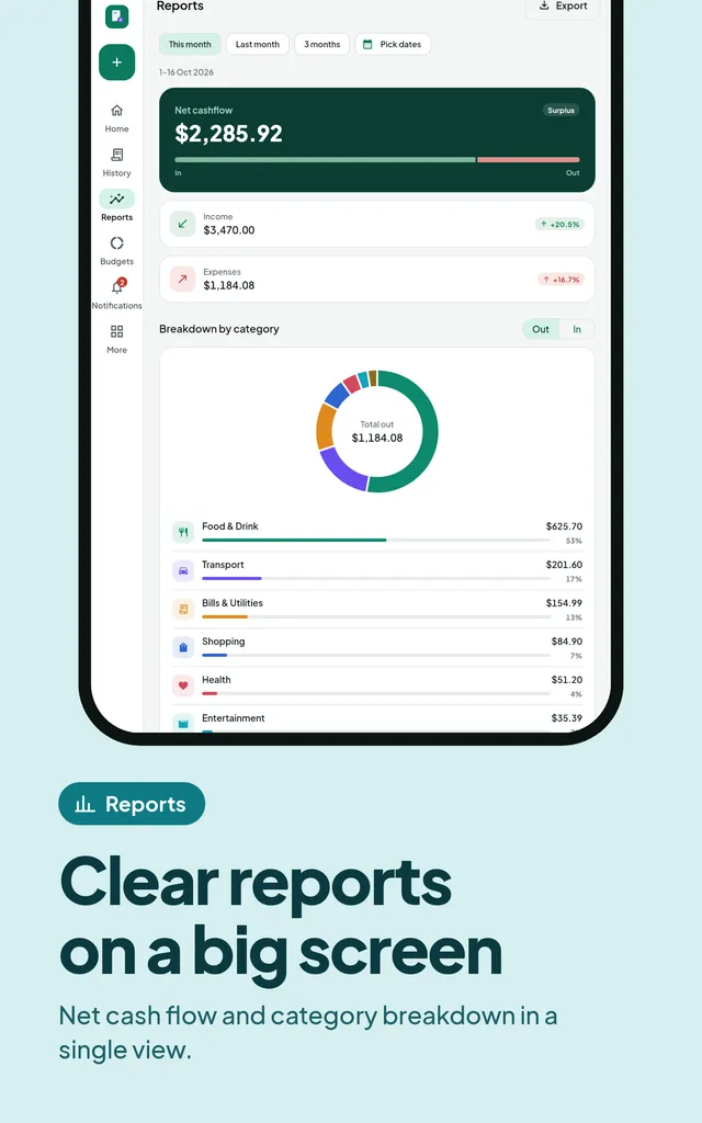 Clear reports on a big screen. Net cash flow and category breakdown in a single view.