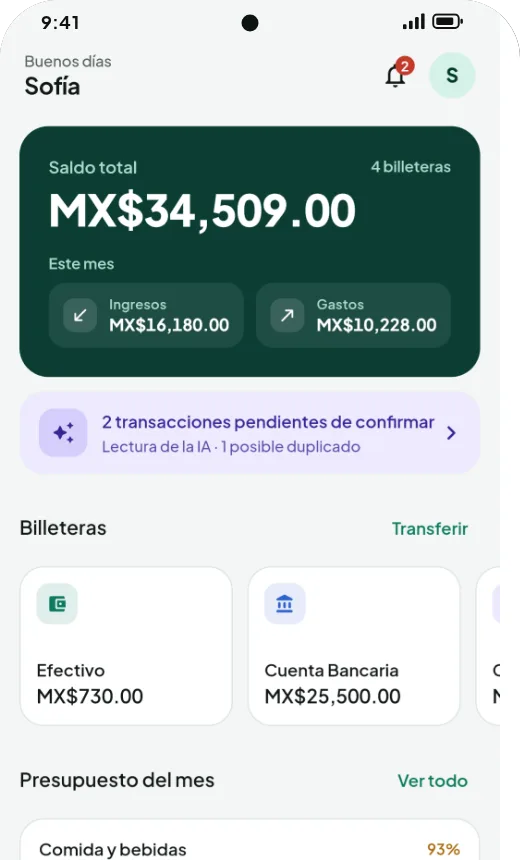 Pantalla de inicio de Anota Ya: saldo total, flujo del mes y transacciones pendientes de confirmar