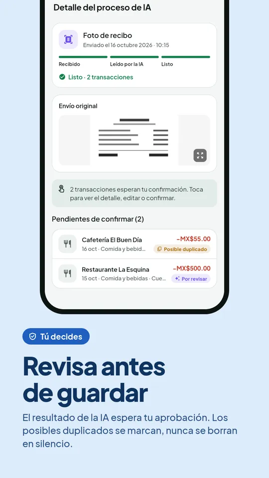 Confirmación del resultado de la IA antes de guardar la transacción