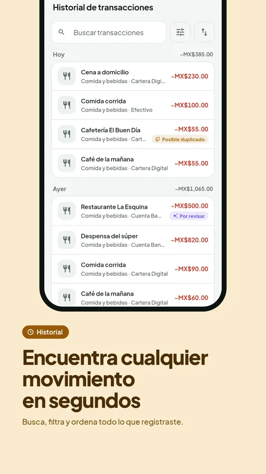Historial de transacciones con búsqueda y filtros