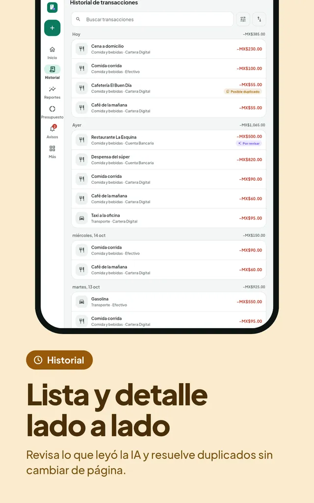 Lista y detalle lado a lado. Revisa lo que leyó la IA y resuelve duplicados sin cambiar de página.