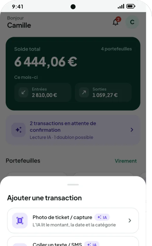 Menu de saisie : photo du reçu, coller un texte/SMS, saisie manuelle, import de relevés