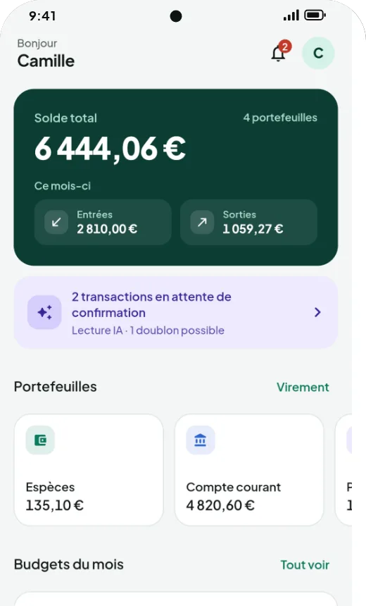 Accueil de Note Vite : solde total, flux de trésorerie du mois et transactions à confirmer