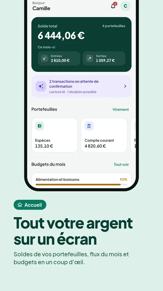Accueil : solde total de tous les portefeuilles, flux du mois et budgets