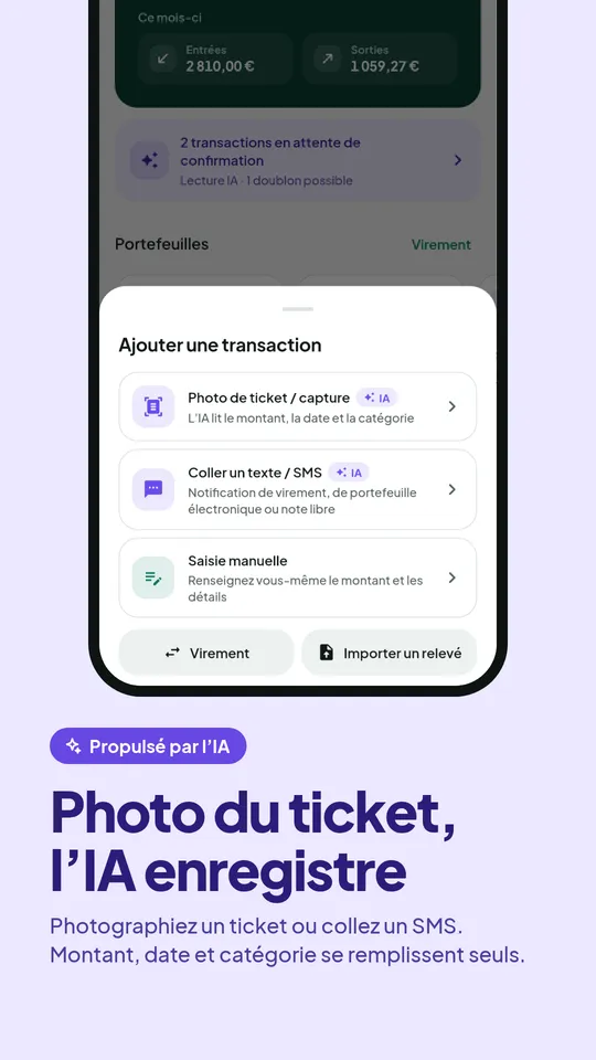 Saisir une transaction : photo du reçu, coller un texte/SMS ou saisie manuelle