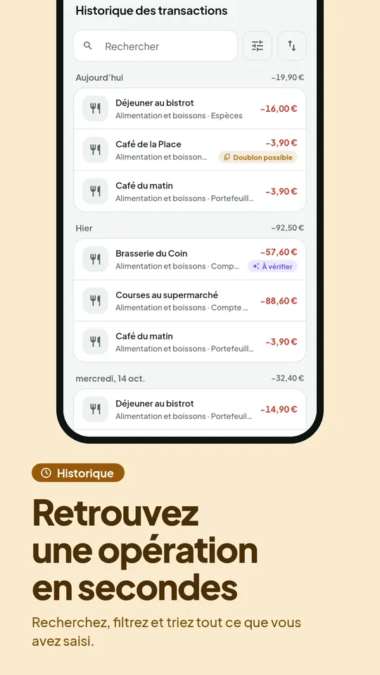 Historique des transactions avec recherche et filtres