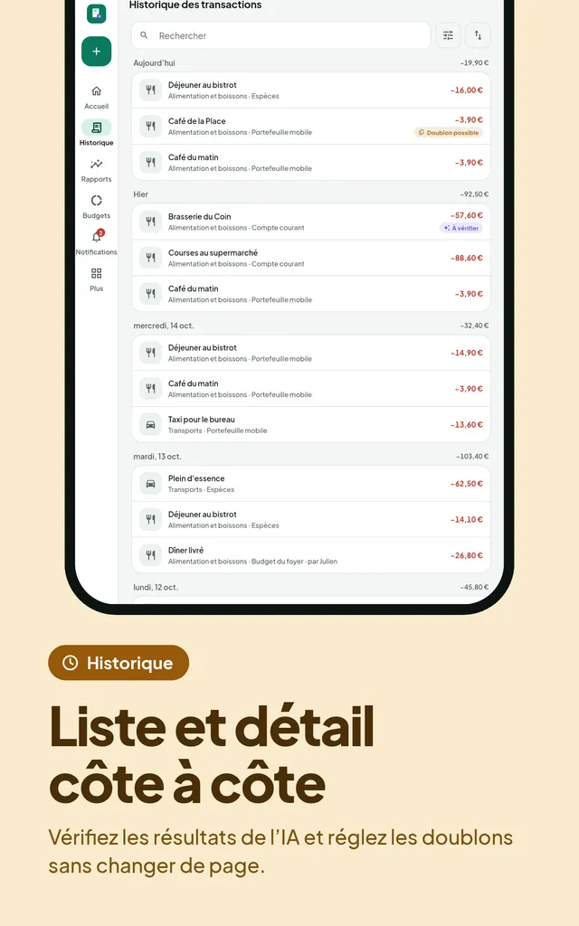 Liste et détail côte à côte. Vérifiez les résultats de l’IA et réglez les doublons sans changer de page.