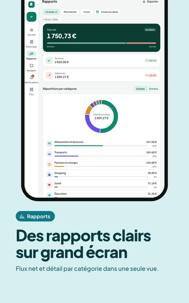 Des rapports clairs sur grand écran. Flux net et détail par catégorie dans une seule vue.