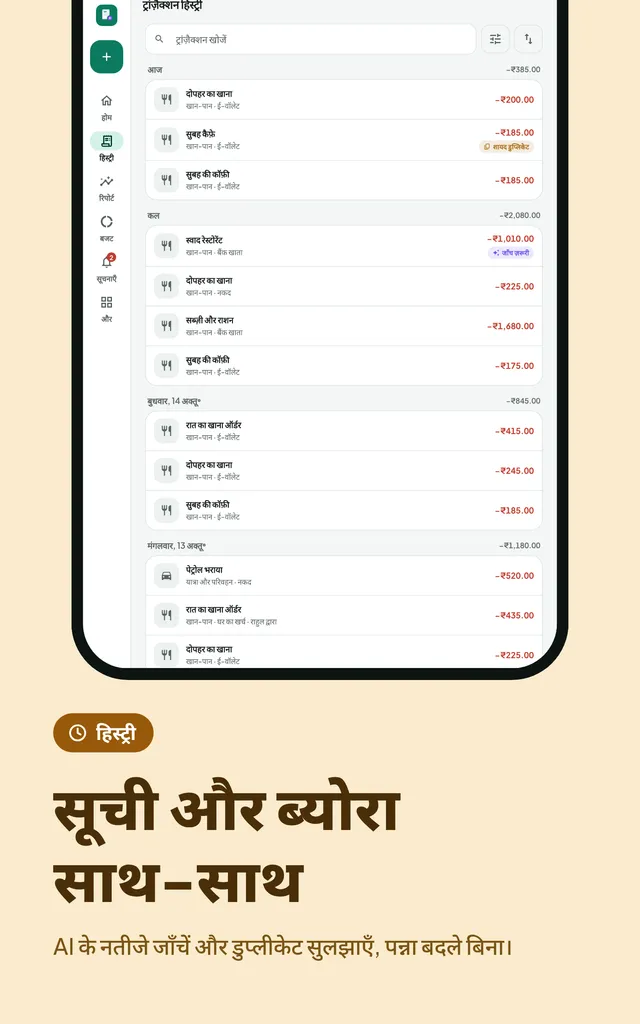 सूची और ब्योरा साथ-साथ. AI के नतीजे जाँचें और डुप्लीकेट सुलझाएँ, पन्ना बदले बिना।