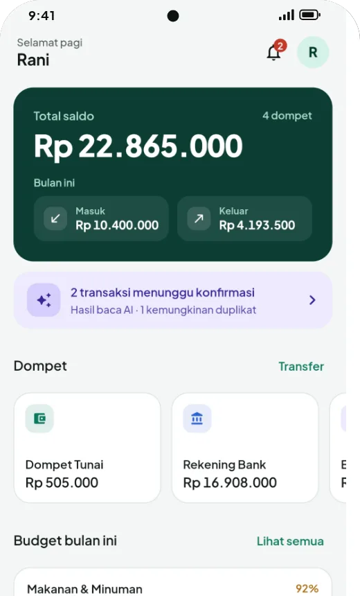 Beranda Catat Yuk: total saldo, arus bulan ini, dan transaksi menunggu konfirmasi