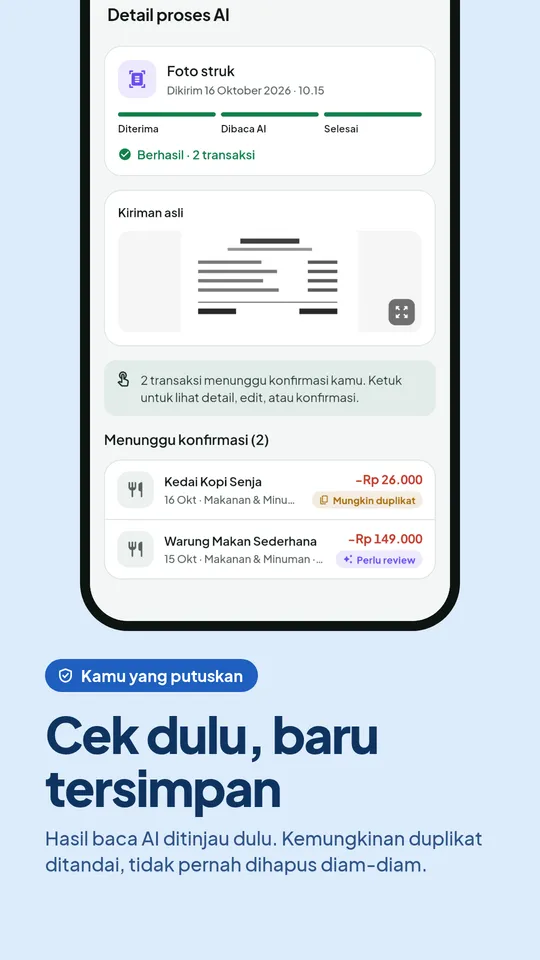 Konfirmasi hasil baca AI sebelum transaksi disimpan