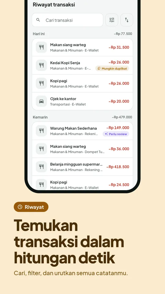 Riwayat transaksi dengan pencarian dan filter