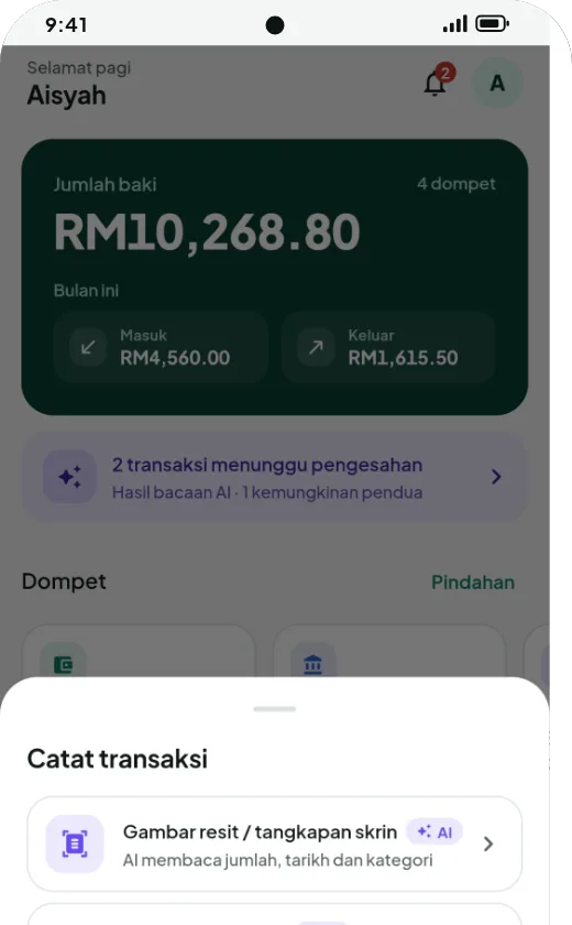 Menu catat transaksi: ambil gambar resit, tampal teks/SMS, input manual, import penyata