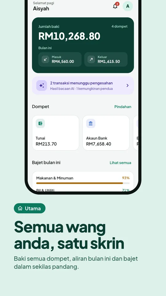 Utama: jumlah baki semua dompet, aliran tunai bulan ini dan bajet