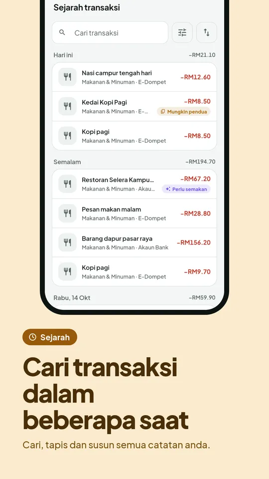 Sejarah transaksi dengan carian dan penapis