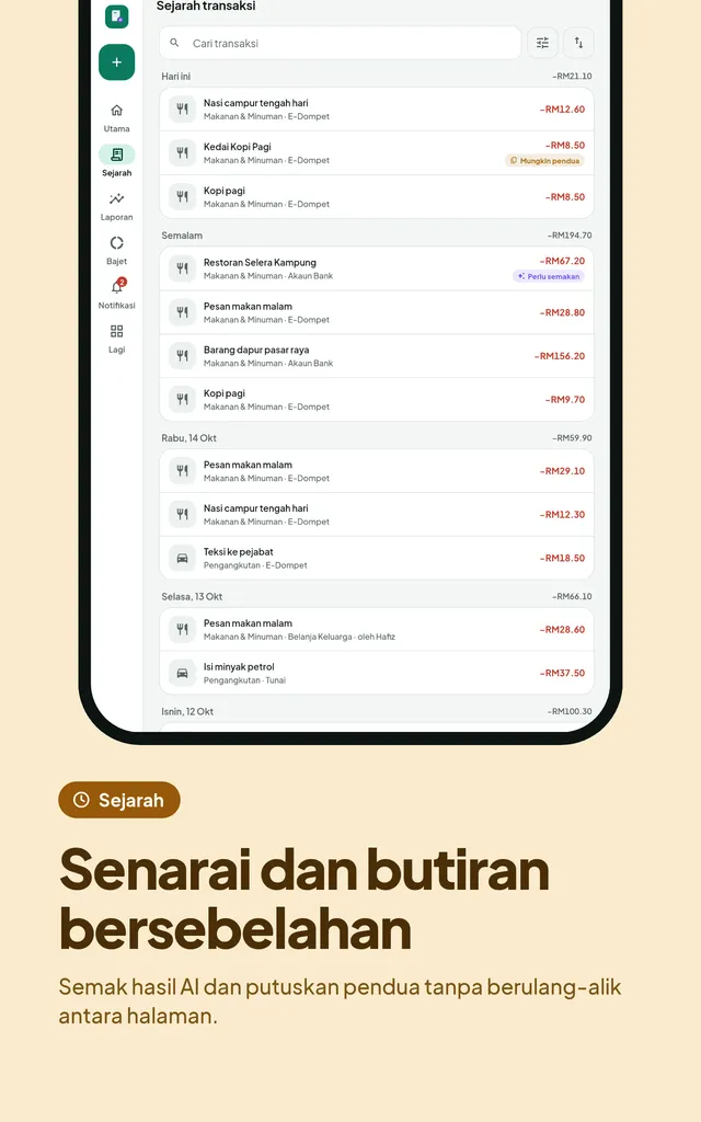 Senarai dan butiran bersebelahan. Semak hasil AI dan putuskan pendua tanpa berulang-alik antara halaman.