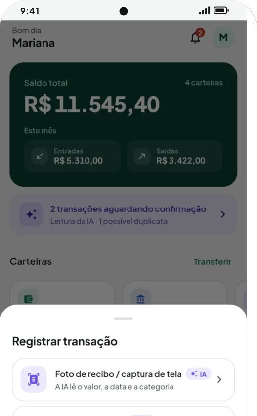 Menu de registro: foto do recibo, colar texto/SMS, lançamento manual, importar extrato