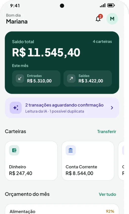 Tela inicial do Bora Anotar: saldo total, fluxo do mês e transações aguardando confirmação