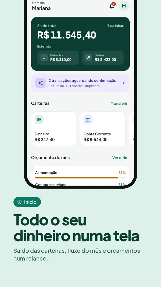 Início: saldo total de todas as carteiras, fluxo do mês e orçamentos