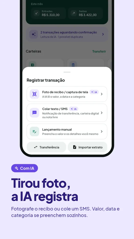 Registrar transação: foto do recibo, colar texto/SMS ou lançamento manual
