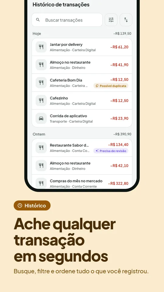 Histórico de transações com busca e filtros