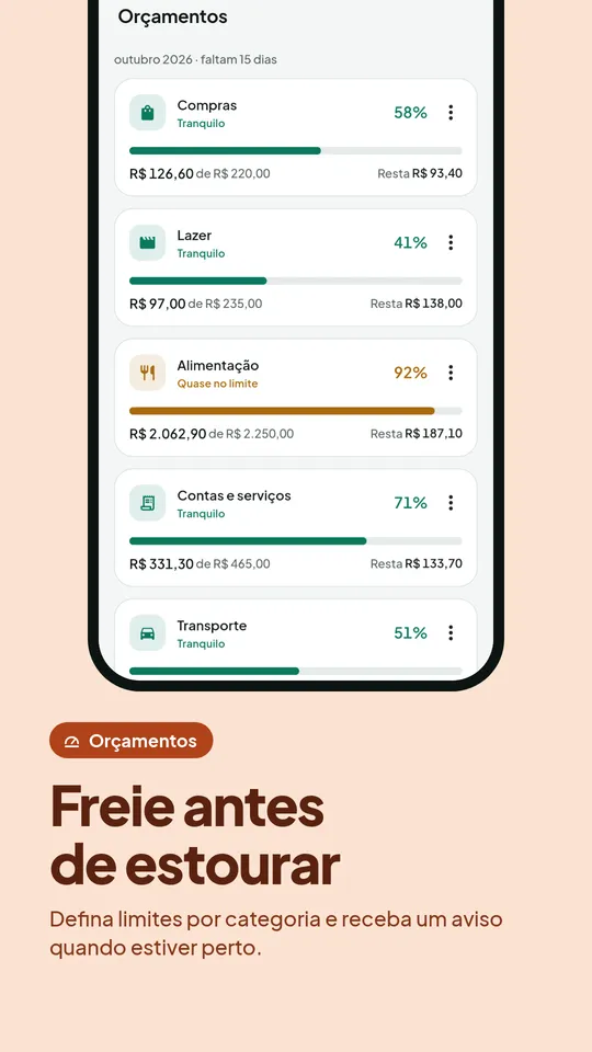 Orçamento mensal por categoria com alertas