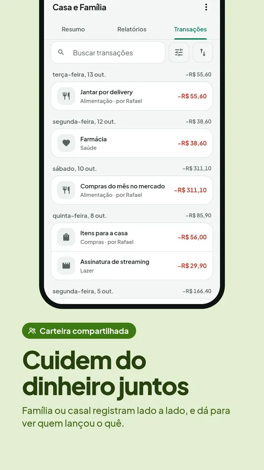 Carteira compartilhada para família ou parceiro