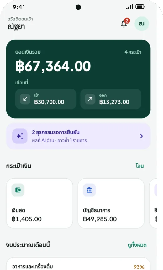 หน้าหลัก จดเลย: ยอดเงินรวม กระแสเงินสดเดือนนี้ และรายการที่รอยืนยัน