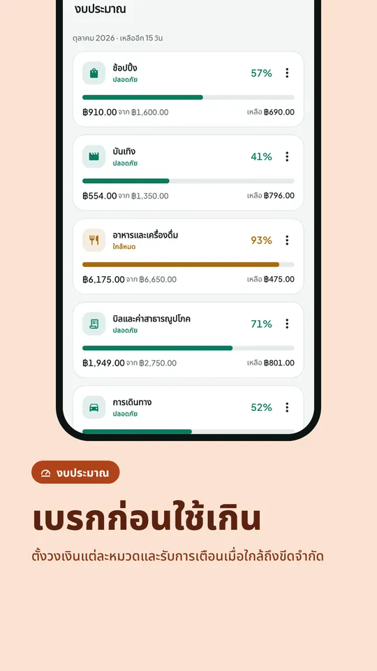 งบประมาณรายเดือนตามหมวดหมู่พร้อมการแจ้งเตือน