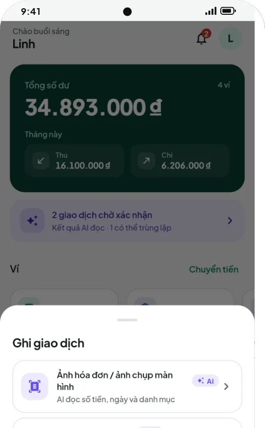 Menu ghi giao dịch: chụp hóa đơn, dán văn bản/SMS, nhập tay, nhập sao kê