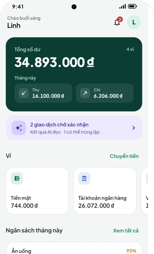 Màn hình chính Ghi Ngay: tổng số dư, dòng tiền tháng này và giao dịch chờ xác nhận