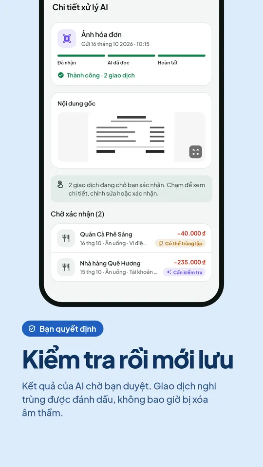 Xác nhận kết quả AI đọc trước khi lưu giao dịch