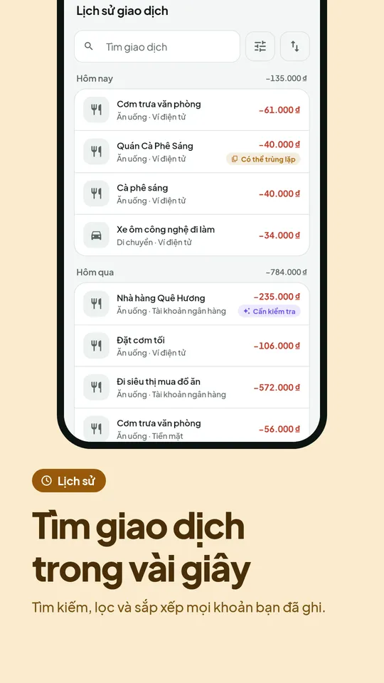 Lịch sử giao dịch có tìm kiếm và bộ lọc